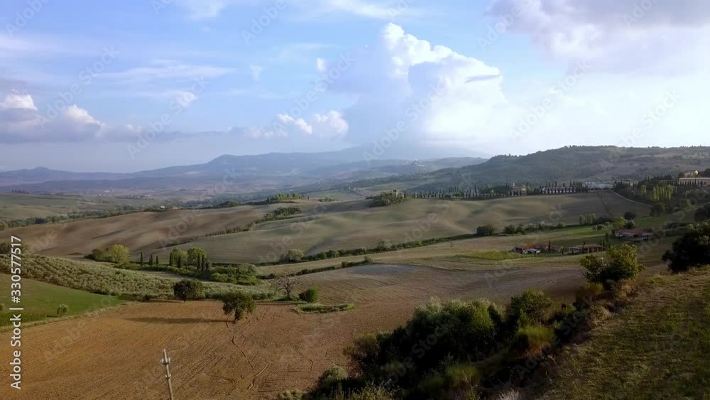 custom made wallpaper toronto digitalItalian villas on farm fields in the Tuscan countryside, Aerial approach reveal shot