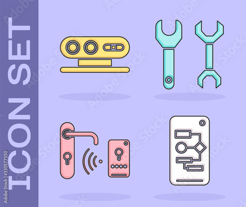 Set Algorithm, 3d scanning system, Digital door lock with wireless technology for unlock and Spanner icon. Vector