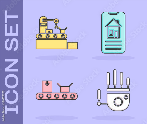 Set Mechanical robot hand, Factory conveyor system belt, Conveyor belt with cardboard box and Smart home icon. Vector