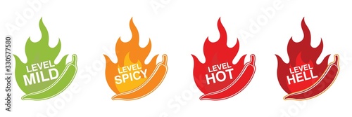 Spicy chili pepper strength level labels. Chili peppers indicator spicy,   mild, medium, hot and hell. Vector stock illustration.