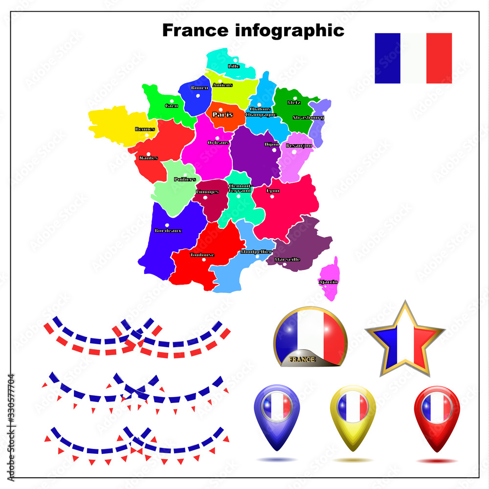 Obraz premium Bright Map of France. Map of France graphic illustration on white background. Set illustration with map, flag, buttons and navigation web buttons.