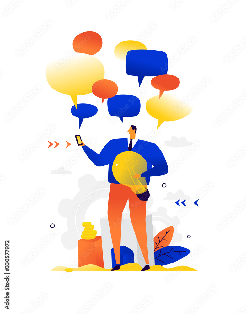 Illustration of a businessman chatting.  Metaphor. A man with a light bulb surrounded by comic bubbles. Flat illustration. Messengers and chatting. Messages and SMS around a person.