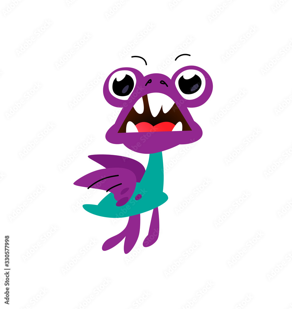 Funny turtle monster character. Brand mascot. Big-eyed dinosaur, funny and cute.