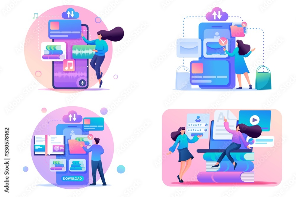 Set 2D Flat concepts Selection of books for learning and recreation through the mobile app. For Concept for web design Set 2D Flat concepts Selection of books for learning and recreation through the mobile app. For Concept for web design