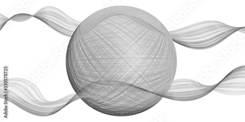 Gray scale banner curve waves, lines, circle sphere 3D frame.