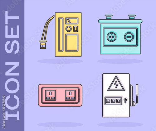 Set Electrical panel, Battery, Electrical outlet and Car battery icon. Vector