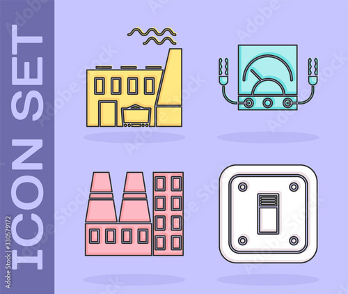 Set Electric light switch, Coal power plant and factory, Power station plant and factory and Ampere meter, multimeter, voltmeter icon. Vector