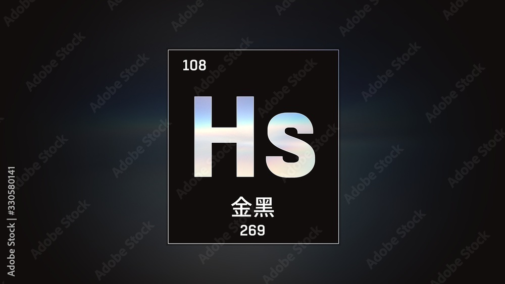 3D illustration of Hassium as Element 108 of the Periodic Table. Grey illuminated atom design background with orbiting electrons name atomic weight element number in Chinese language 3D illustration of Hassium as Element 108 of the Periodic Table. Grey illuminated atom design background with orbiting electrons name atomic weight element number in Chinese language