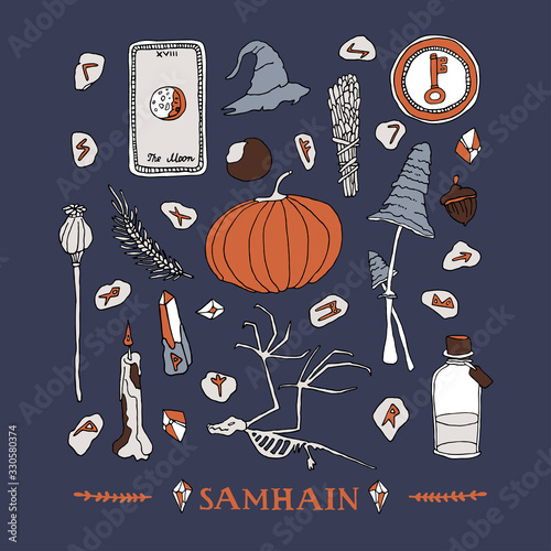 Samhain symbols set. Celtic calendar concept. Wiccan and witchcraft elements, hand written lettering. Autumn pumpkin, nordic runes, tarot cards and magic potion collection photo