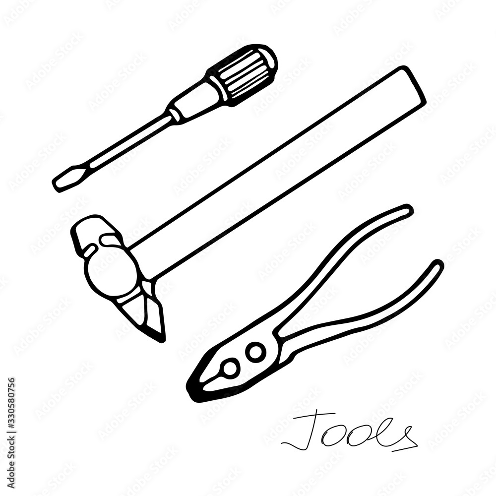 Hand-draw black vector illustration of metallic locksmith tools set isolated on a white background Hand-draw black vector illustration of metallic locksmith tools set isolated on a white background
