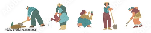 Farmer people gardening set flat isolated. Men and women character dig a garden, grow plants , water from a watering can