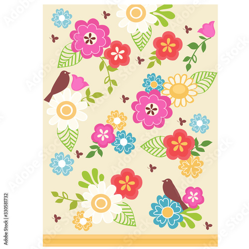 Cute print on the theme of summer or spring with images of birds and flowers. Vector cartoon close-up illustration.