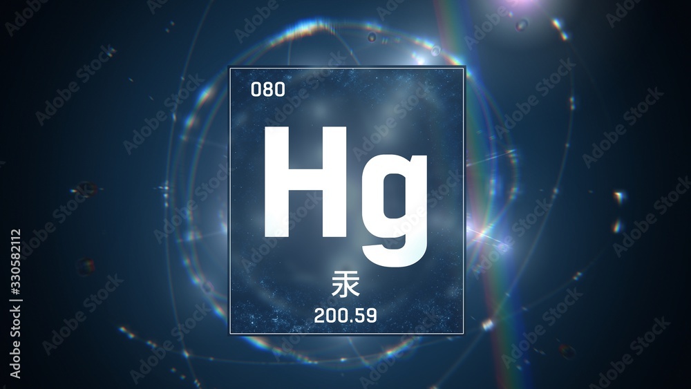 3D illustration of Mercury as Element 80 of the Periodic Table. Blue illuminated atom design background with orbiting electrons name atomic weight element number in Chinese language 3D illustration of Mercury as Element 80 of the Periodic Table. Blue illuminated atom design background with orbiting electrons name atomic weight element number in Chinese language