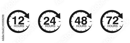  12, 24, 48 and 72 hours clock arrow. symbol work time, delivery and service time, isolated on white , vector icon Illustration