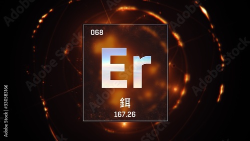 3D illustration of Erbium as Element 68 of the Periodic Table. Orange illuminated atom design background with orbiting electrons name atomic weight element number in Chinese language photo