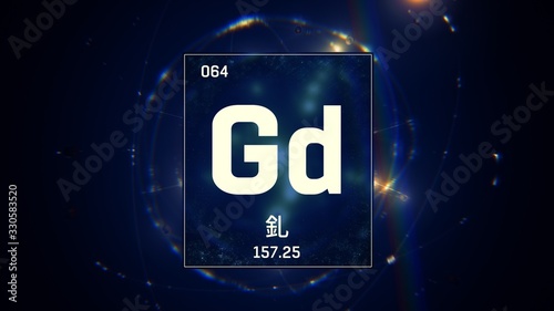 3D illustration of Gadolinium as Element 64 of the Periodic Table. Blue illuminated atom design background with orbiting electrons name atomic weight element number in Chinese language photo