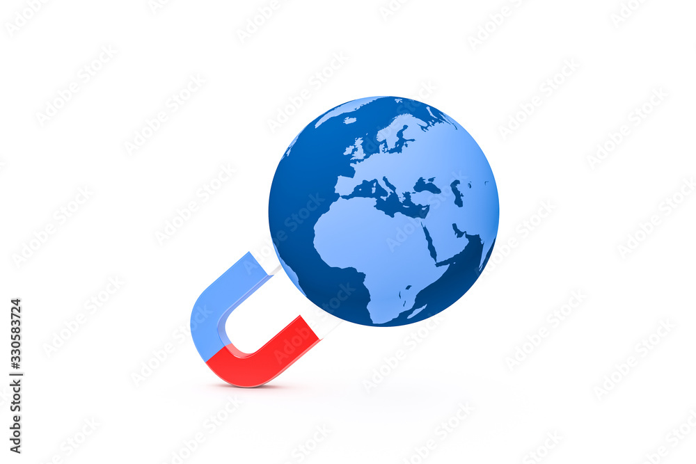 Naklejka premium 3D Rendering of Magnet and Globe Earth
