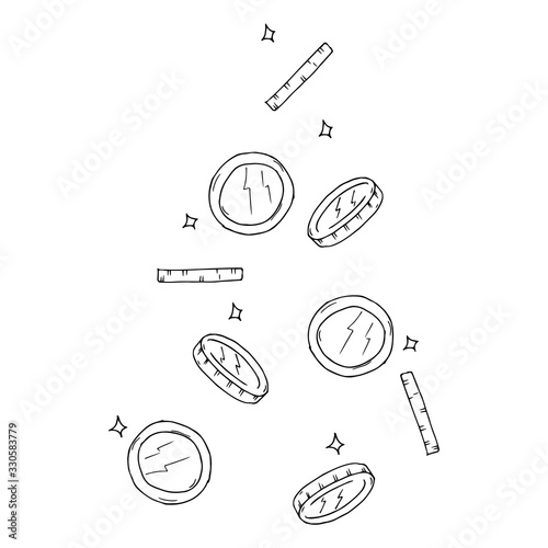 Coins icon. Vector illustration of a coin, money falling from above. Coins cents. Hand drawn.