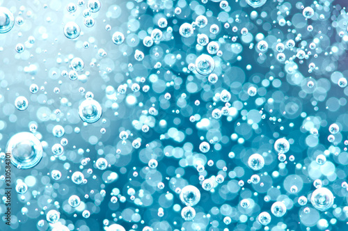 Murais de parede Macro Oxygen bubbles in water on blured background, concept such as ecology