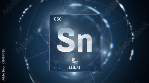 3D illustration of Tin as Element 50 of the Periodic Table. Blue illuminated atom design background orbiting electrons name, atomic weight element number in Chinese language