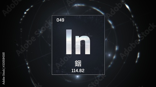 3D illustration of Indium as Element 49 of the Periodic Table. Silver illuminated atom design background orbiting electrons name, atomic weight element number in Chinese language photo