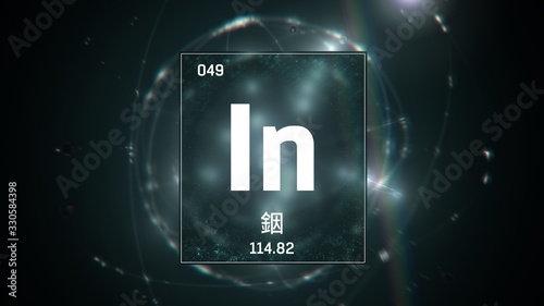 3D illustration of Indium as Element 49 of the Periodic Table. Green illuminated atom design background orbiting electrons name, atomic weight element number in Chinese language photo