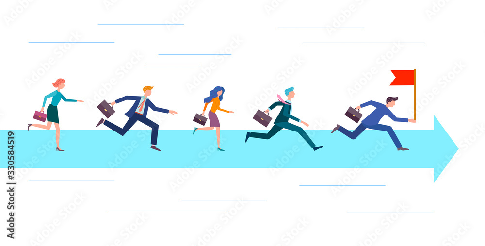 Fototapeta premium Running after the leader with a flag in his hand, group members, teams, businessmen