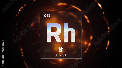 3D illustration of Rhodium as Element 45 of the Periodic Table. Orange illuminated atom design background orbiting electrons name, atomic weight element number in Chinese language photo