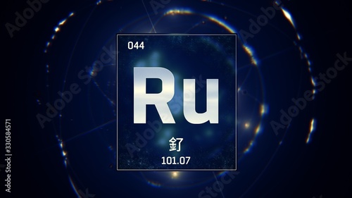 3D illustration of Ruthenium as Element 44 of the Periodic Table. Blue illuminated atom design background orbiting electrons name, atomic weight element number in Chinese language photo