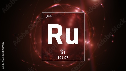 3D illustration of Ruthenium as Element 44 of the Periodic Table. Red illuminated atom design background orbiting electrons name, atomic weight element number in Chinese language photo
