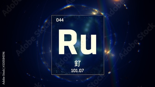 3D illustration of Ruthenium as Element 44 of the Periodic Table. Blue illuminated atom design background orbiting electrons name, atomic weight element number in Chinese language photo
