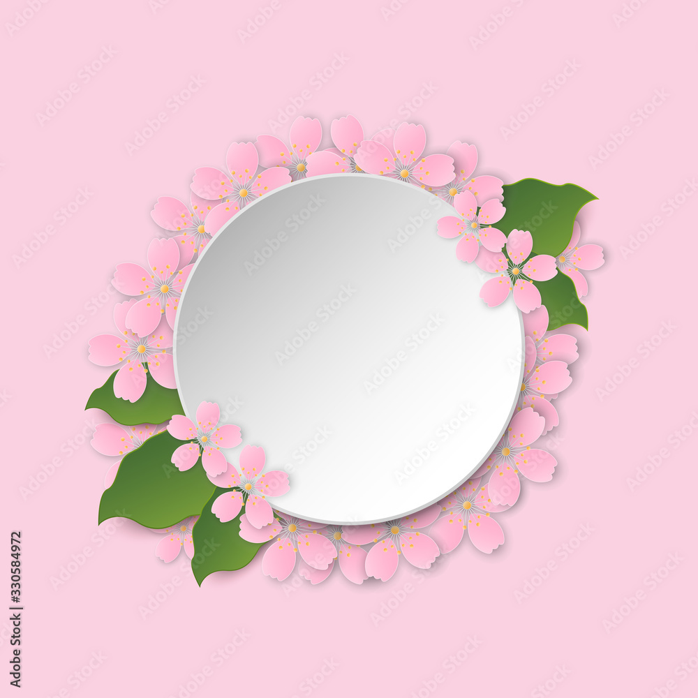 Round frame with sakura blossom and space for text, paper cut style template, Vector illustration Round frame with sakura blossom and space for text, paper cut style template, Vector illustration