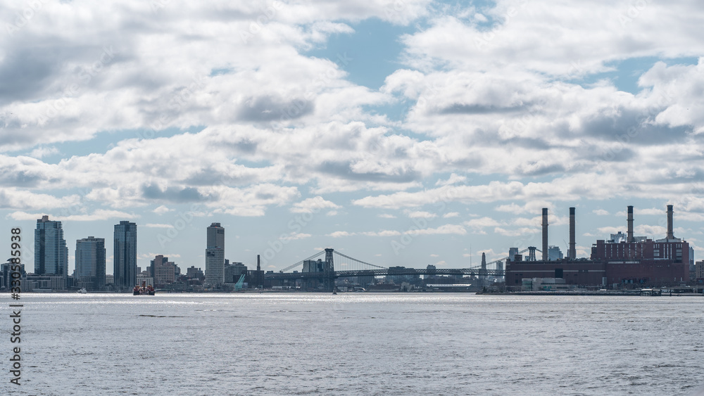 Shots of the New York manhattan skyline during daytime shot on a ferry on the hudson river Shots of the New York manhattan skyline during daytime shot on a ferry on the hudson river