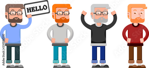 A man with a beard and glasses in different varieties isolated on white background. Programmer, businessman. Worker casual wear. Place for your ad. A man with a sign in his hands. Displeased person.
