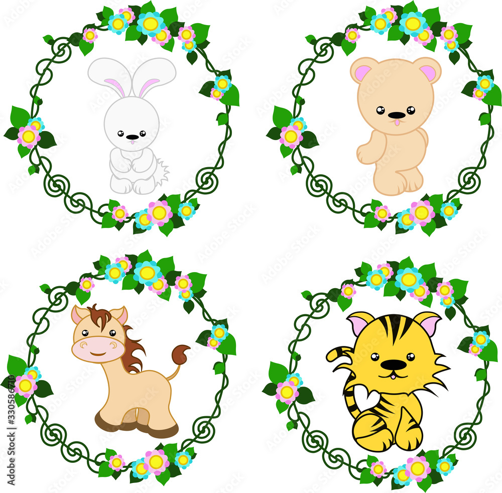 Illustration of cute wild animals isolated on a white background: hare, bear, horse, tiger.