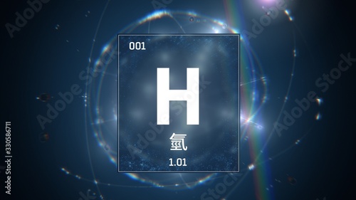 3D illustration of Hydrogen as Element 1 of the Periodic Table. Blue illuminated atom design background orbiting electrons name atomic weight and element number in Chinese language photo