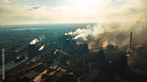 metallurgical production plant full cycle smoke from pipes bad ecology aerial photography