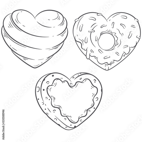 Heart Shaped Candy, Donut and Cookie vector line art illustration set. Coloring book page design. Valentine's Day design set. Vintage style menu decoration. Wedding designs decoration set