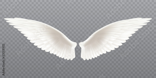 White realistic wings. Pair of white isolated angel style wings with 3D feathers on transparent background, bird wings design - stock vector