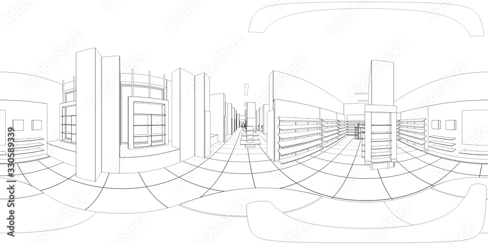 Fototapeta premium spherical panorama of the interior, contour visualization, 3D illustration, sketch, outline