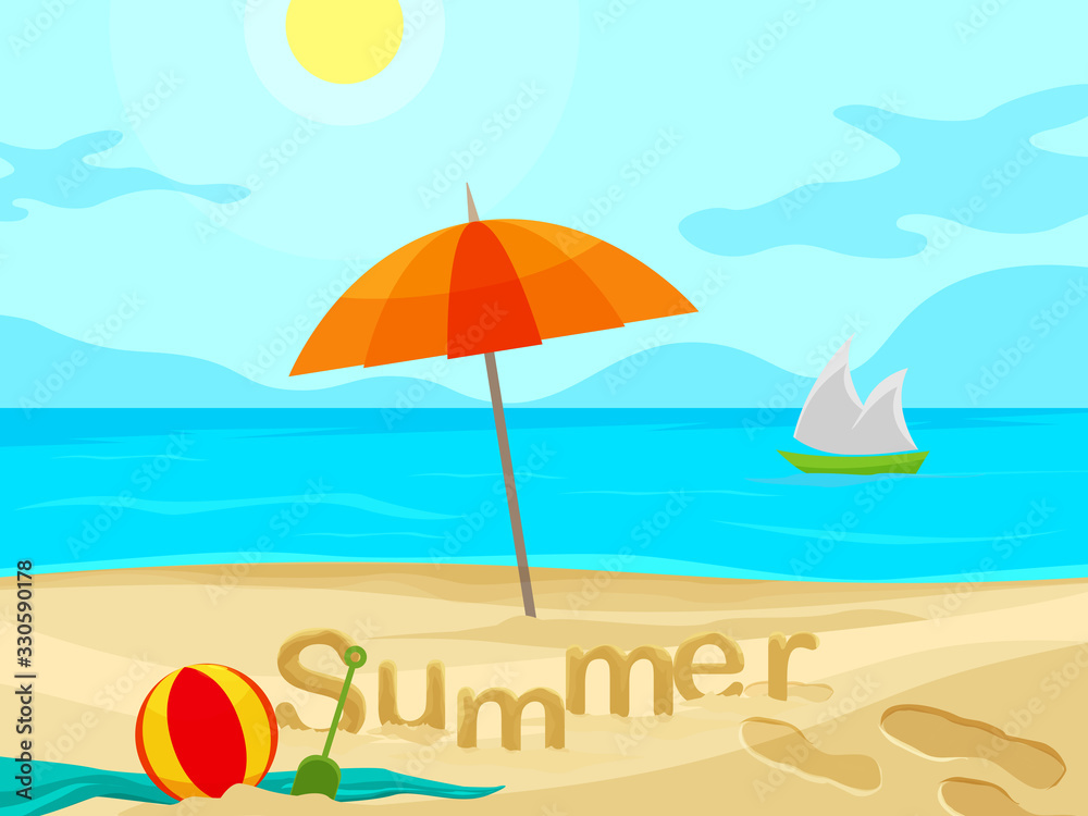 Simple vector beach scene illustration with an umbrella as main focus, sand, sea, sky, and summer letters
