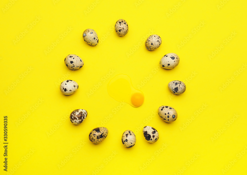 Raw quail eggs on color background