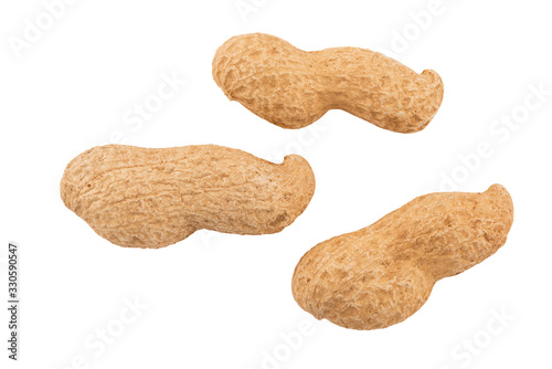 Close up on peanuts isolated on white background. Cut out.