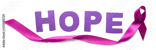 Violet ribbon and word HOPE on white background. Domestic violence concept