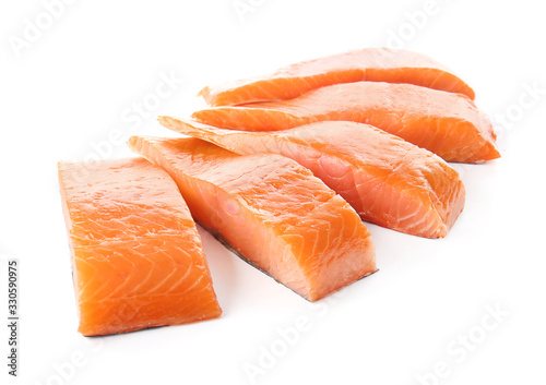 Raw salmon fillet on white background