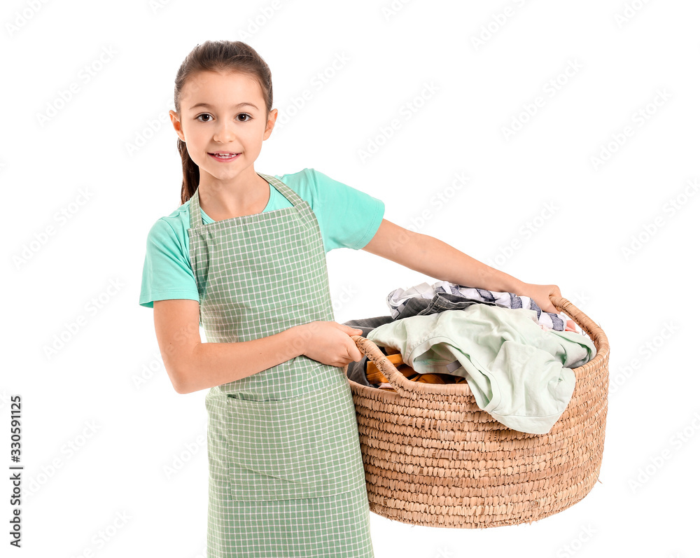 Little housewife with laundry on white background Little housewife with laundry on white background