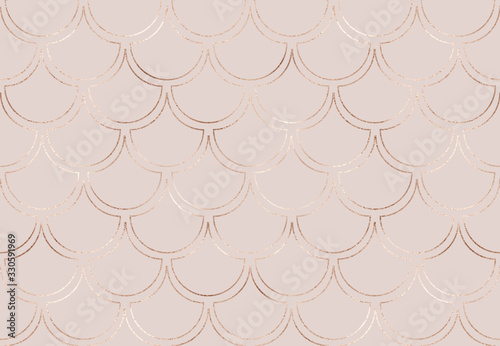 Art deco seamless pattern with rose gold mermaid scales and golden glitter texture. 