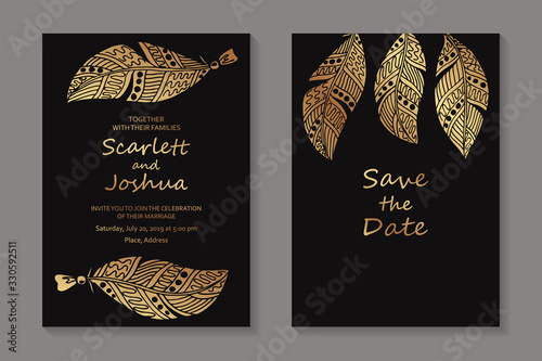 Set of modern luxury wedding invitation design or card templates for business or presentation or greeting with golden feathers on a black background.