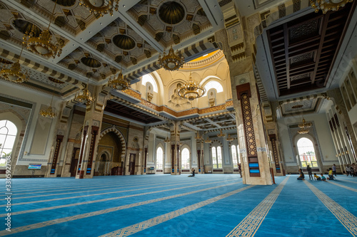 Beautiful prayer hall interior view at Sri Sendayan Mosque, Seremban, Negeri Sembilan, Malaysia.