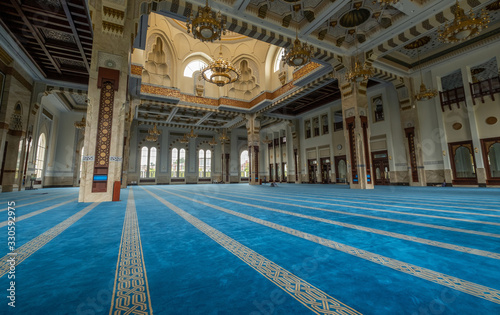 Beautiful prayer hall interior view at Sri Sendayan Mosque, Seremban, Negeri Sembilan, Malaysia. photo